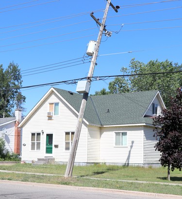 Hydro police is damaged following a collision near Boundary Road and South Market Street on Friday, June 18, 2021. (BRIAN KELLY/THE SAULT STAR/POSTMEDIA NETWORK)