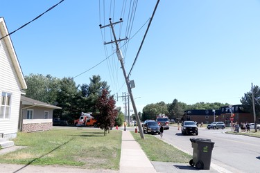 Hydro police is damaged following a collision near Boundary Road and South Market Street on Friday, June 18, 2021. (BRIAN KELLY/THE SAULT STAR/POSTMEDIA NETWORK)