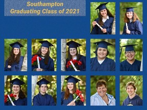 Some members of Grade 8 graduating class at GC Huston took class photos June 14 at Fairy Lake in Southampton, joined by teachers Dana Mogk (bottom, second from right) and Brady Skene. [Jennifer O'Reilly]