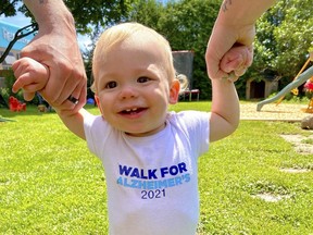 Grayson Parry takes baby steps in the IG Wealth Management Walk for Alzheimer's, organized by the Alzheimer Society of Chatham-Kent. (Handout/Postmedia Network)