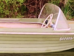 Transport Canada would like the owner of this speedboat in the Waterford Ponds to claim and remove it. – Transport Canada photo