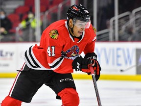 Isaak Phillips in action with the Rockford IceHogs in 2020-21.