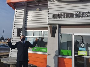 Here, Lt. Chad Cole of the Foothills Salvation Army posed in front of A&W in High River on Feb. 2, after the Mealshare partnership with High River was announced.