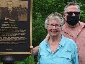Former 15-year city councillor Egerton Boyce, right, and his mother Beverly Boyce attended the dedication of a bike lane named in his honour Friday in the city. DEREK BALDWIN