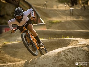 Chaney Guennet, riding a designed-in-North Bay Cachet bicycle, takes the gold in Innsbruck, Austria, at the Crankworx Pump Track event last week.
Submitted Photo