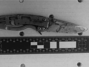 Knife recovered from an incident scene in which a member of the Cold Lake RCMP discharged a service firearm resulting in the death of a 28-year-old man after 7 p.m. on June 20, 2021, near a fenced oil company compound not far from Township Road 622 between Range Roads 442 and 443. Supplied.