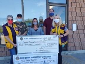 Port Elgin Lion’s Club member Mary Galliher (left) presented a $10,000 cheque to best Choice fundraising team members  Gerry Galbraith, hair stylist Jenn Kalte, Boutros Sawaya and team captain and Best  Choice owner Kathy Coverdale. The team is raising money for the Gran Fondo Lake Huron Change a Life Challenge. [Supplied]