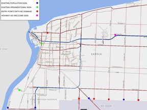 This map shows various entrances (in red) where Sarnia has no welcome sign. The estimated cost to put signs in those locations and update others is $200,000. City council is expected to consider the expense this fall as part of 2022 budget deliberations (City of Sarnia photo)
