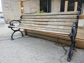 The Downtown Tillsonburg BIA hopes to transform eight benches, like this one, through a 'public art bench' contest. (Karlee Slattery)