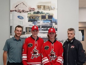 Hanover Barons GM Blair Butchart with the team's newest additions Trent Verbeek and Jonah White, as well as Pete Irwin, a member of the team's coaching staff.