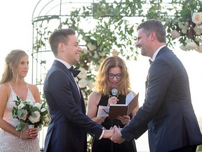 Canadian curling giant Colleen Jones, pictured in 2018 officiating the wedding of Hill lobbyists Derek Nighbor and Joey Taylor.