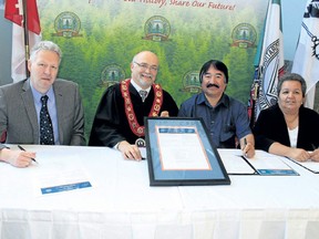 The County of Renfrew and the Algonquins of Pikwakanagan signed an historic memorandum of understanding May 25, 2016 which was to see both organizations take a united position on several critical issues. In this photo taken five years at the signing are (left to right) then County chief administrative officer Jim Hutton, County Warden Peter Emon, Chief Kirby Whiteduck and Pikwakanagan executive director of operations Vicki Two-Axe. Observer file photo