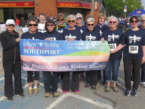 Southport CFUW (Canadian Federation of University Women)  team members raised $14,490 for local health care as they virtually walked across Canada in the  Huron Shore Run Change a Life Challenge for the Saugeen Memorial Hospital Foundation. The team posed at the 2019 Huron Shore Run. [Huron Shore Run]