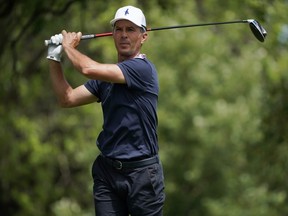Mike Weir of Bright's Grove, Ont., tees off on the third hole during the final round of the Principal Charity Classic at Wakonda Club on June 06, 2021, in Des Moines, Iowa. (Photo by Ed Zurga/Getty Images)