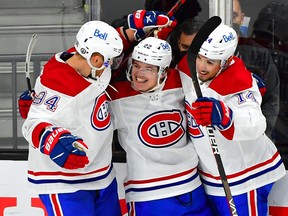 Montreal Canadiens centre Nick Suzuki, a Londoner, is flanked by Corey Perry, also of London, and Cole Caufield after Montreal scored a second period goal against the Vegas Golden Knights in Game 5 of the 2021 Stanley Cup semifinals at T-Mobile Arena in Las Vegas. Stephen R. Sylvanie-USA TODAY Sports