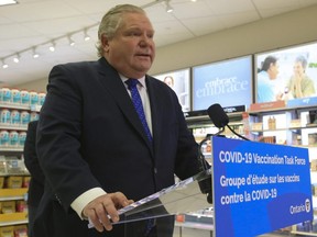 Ontario Premier Doug Ford makes a vaccine announcement in Toronto, March 19, 2021.