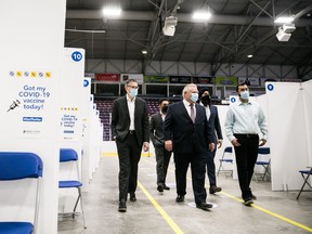 Ontario Premier Doug Ford toured a new vaccination centre, based on the Grey-Bruce model, in a Brampton hockey rink Thursday, June 3, 2021. (Supplied)