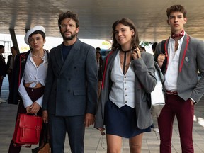 From left to right: Carla Diaz plays Ari, Diego Martin as Benjamin, Martina Cariddi as Mencia, Manu Rios as Patrick in Elite.