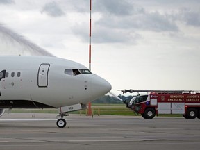 Flair Airlines inaugural flight of its new Boeing 737 MAX 8 aircraft landed at Edmonton International Airport with water cannons welcoming the aircraft on Thursday June 10, 2021. It was the first of 13 new Boeing 737 MAX 8 aircraft that Flair Airlines is adding to its fleet.