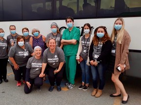 Some Grey Bruce Health Unit team members who travelled to Peel Region Saturday to help administer COVID-19 vaccines. From left to right at back: Sarah Ellis, Rachel Blenkinsop, Cathy Martin, Ann Boddy, Charlene Bell, Dr. Ian Arra, Gabbi Schlosser, Alexa Ward, Alexa Playford; Front Row: Louise Schenk, Lisa Lambkin, Denise McKay. (Supplied photo)