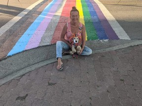 On Wednesday, Jun. 23, a small group of Pride supporters led by Tannis Matthews painted the crosswalk next to Shikaoi Park in colours of the Pride flag. Photo by Jazz Matthews.