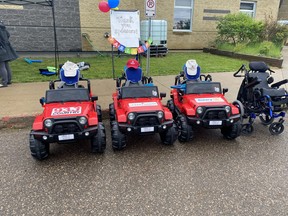 Adaptive cars from Variety Alberta's Go Baby Go program are shown at St. Martha Catholic School in Fort McMurray on Friday, June 11, 2021. Supplied Image/Kari Richardson