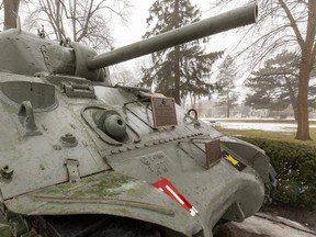 The Holy Roller Sherman tank on display in Victoria Park in downtown London. Photograph taken on Monday March 2, 2020. Mike Hensen/The London Free Press/Postmedia Network