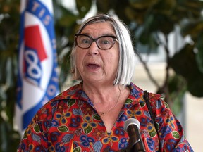 Audrey Poitras, President of the Métis Nation of Alberta, as she announces legal action against the government of Alberta for its failure to negotiate in good faith during a news conference in Edmonton, June 14, 2021.