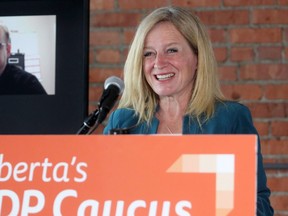 NDP leader Rachel Notley speaks to reporters while calling for faster relief for small businesses. Thursday, May 20, 2021. Notley has committed to transforming the province's energy sector and moving the province's electricity grid to net-zero by 2035 should an orange crush wash over Alberta in the next election.