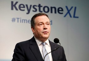 Alberta Premier Jason Kenney delivers a statement on the construction of the long-delayed $8- billion Keystone XL crude oil pipeline project, in Calgary March 31, 2020.  The KXL project was officially canceled on Wednesday.