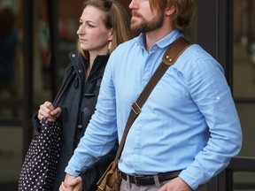 David Stephan and his wife Collet Stephan leave at court on April 11, 2016, in Lethbridge.
