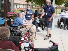 Finn, Diesel and some dedicated human volunteers from the Community Therapy Dog Society stopped by the Bethany seniors’ residence June 18 to mingle with residents and leave them with a stuffed toy dog of their own. Patrick Gibson/Postmedia Network