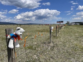 Teddy bears line the Trans Canada Highway as far as the eye can see near the Highway 40 overpass on June 4. A group from the Morley community, who had family members who were sent to residential schools, organized the event and the collection of teddy bears with orange ribbons for the small ceremony that took place to honour the tragic loss of 215 children at the Kamloops Indian Residential School. Photo Marie Conboy/ Postmedia.