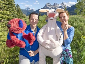 Tyler and Tangle McClaron of Entangled Puppetry with the Hairy Monster and the Canmore Bunny. photo by Pam Doyle/www.pamdoylephoto.com