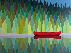 "Canoe, Trees & Lake" by Kurt Swinghammer (2021).