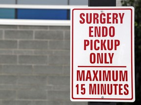 A sign marks a parking spot for surgery and endoscopy patients at Belleville General Hospital. Endoscopy services have resumed in Belleville and are slated to return in August to Prince Edward County Memorial Hospital.