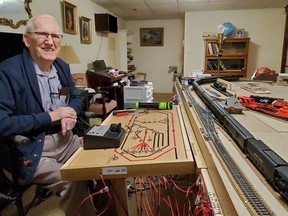 John Sorensen, a former air force flight instructor and mechanical engineer combines his love of technology and model trains to keep himself busy. The Brantford resident will turn 100 on June 19. PHOTO BY LISA ALDRED