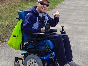 A power wheelchair provides some independence for 24-year-old Nathan Manners of Brantford. A GoFundMe campaign has been established to replace his parents' wheelchair-accessible van that was destroyed in a collision in May when another vehicle ran a red light.
