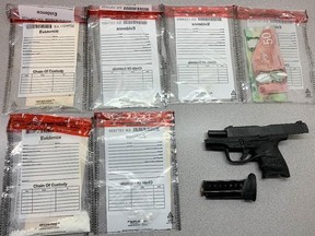 A loaded handgun and quantities of Fentanyl, crack cocaine, cocaine and cash were seized and two men arrested Saturday following a traffic stop in Brantford, Ontario.