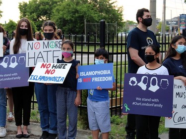 Signs promoting an end to Islamophobia were evident Friday evening at a prayer vigil at the Brantford Mosque to honour members of a Muslim family who were victims of an attack last Sunday in London, Ont. Michelle Ruby