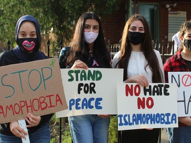 Ranya Sharif (left), Zoya Jamil, Fatma El-Tahu and Bylesan Hanane were among those who attended a Friday evening vigil at the Brantford Mosque to honour members of a Muslim family who were victims of an attack last Sunday in London, Ont., Michelle Ruby