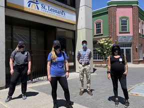 The Brantford Downtown Outreach Team has returned to help connect homeless people and those with substance abuse issues to services. The team includes outreach worker Colleen Double (left), supervisor Alana Bray, Geoff Wheatley, a nurse practitioner with the Grand River Community Health Centre, and Rebecca Taube, a peer support outreach worker.