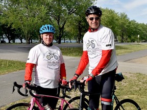 Ride the River co-chairs Jane and Bob Clark are pictured on the Thousand Islands Parkway wearing their Ride the River T-shirts. (SUBMITTED PHOTO)