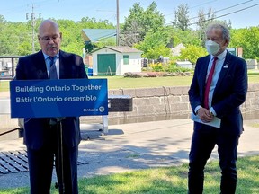 Leeds-Grenville-Thousand Islands and Rideau Lakes MPP Steve Clark, left, is joined by Merrickville-Wolford Mayor Doug Struthers at a funding announcement in Merrickville on Wednesday. (SUBMITTED PHOTO)