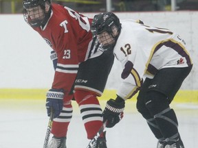 Brockville's Benjamin Brissette (left) and Athens' Justin Biraben get set for the opening faceoff in a Tikis-Aeros scrimmage at the Brockville Memorial Centre in December.
File photo/The Recorder and Times