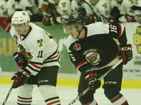 Brockville's Matthew Donovan (left) and Kemptville's Luke Jefferies play in the final Braves-73's scrimmage of 2021 at the Memorial Centre on March 19. The CCHL is hoping to launch its 2021-2022 regular season on Sept. 23.
File photo/The Recorder and Times