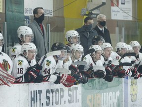 The Brockville Braves bench during a CCHL scrimmage against the Cornwall Colts at the Memorial Centre in early December 2020.
File photo/The Recorder and Times