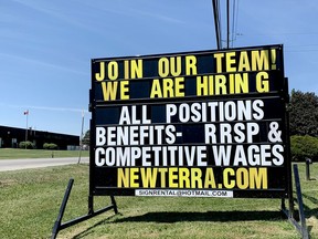 A sign outside Newterra on California Avenue seeks workers. (RONALD ZAJAC/The Recorder and Times)