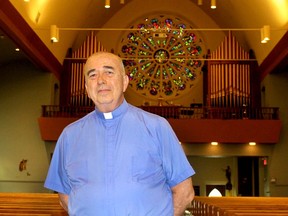 Fr. Jim Higgins, seen here in Blessed Sacrament Roman Catholic Church, now has the opportunity to say good bye in person to some parishioners with COVID-19 restrictions starting to ease. He and the rest of the pastor team with the Chatham Catholic Family of Parishes are moving on to new assignments. Ellwood Shreve Photo/Chatham Daily News.