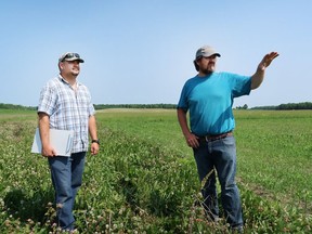 Handout Not For Resale
Local farmer Mike MacGillivray (right) showing RRCA stewardship specialist Brendan Jacobs, some of the best management practices he has implemented on his land in North Glengarry. Handout/Cornwall Standard-Freeholder/Postmedia Network